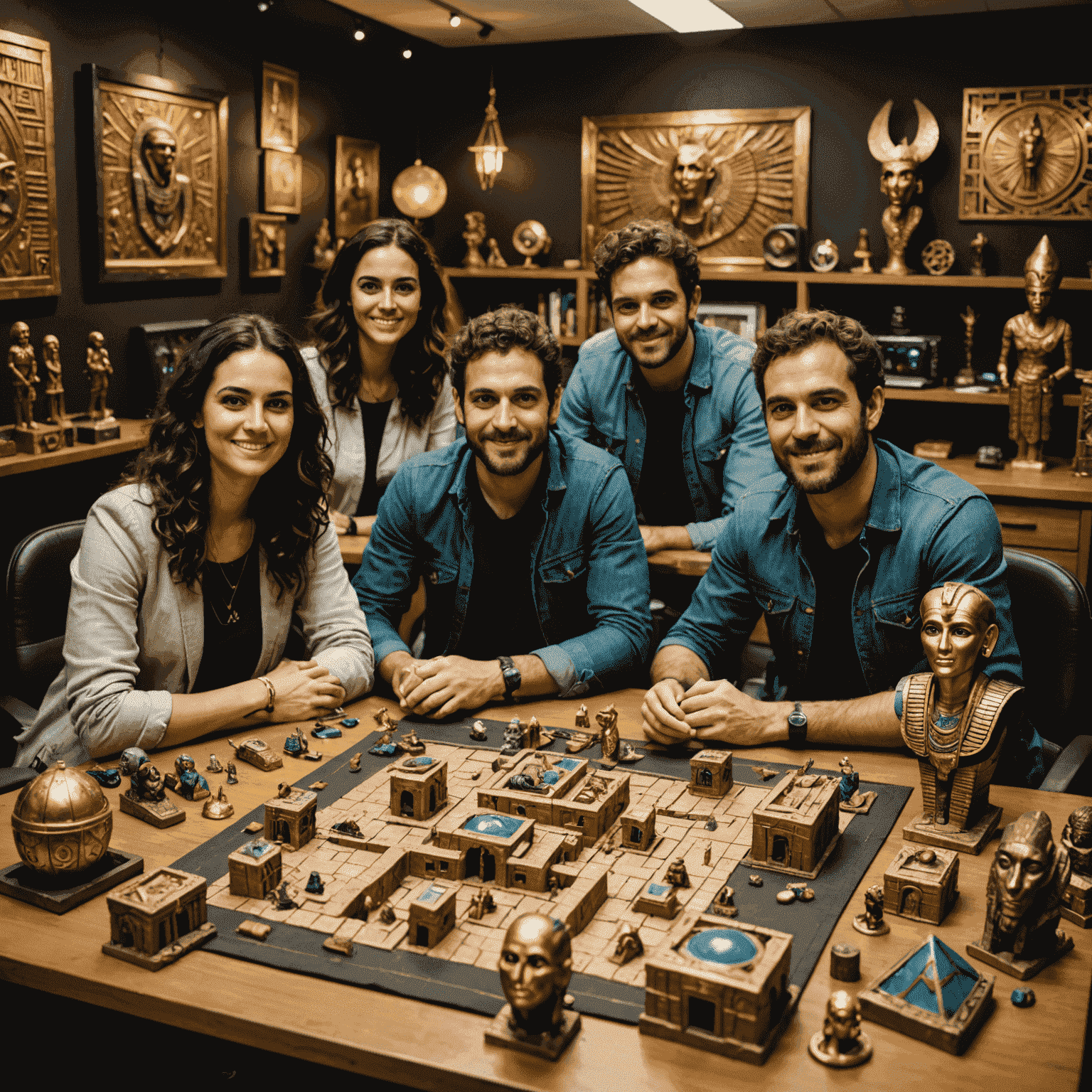 The Mummy's Gold game development team in their Wellington office, surrounded by Egyptian-themed decorations and game prototypes