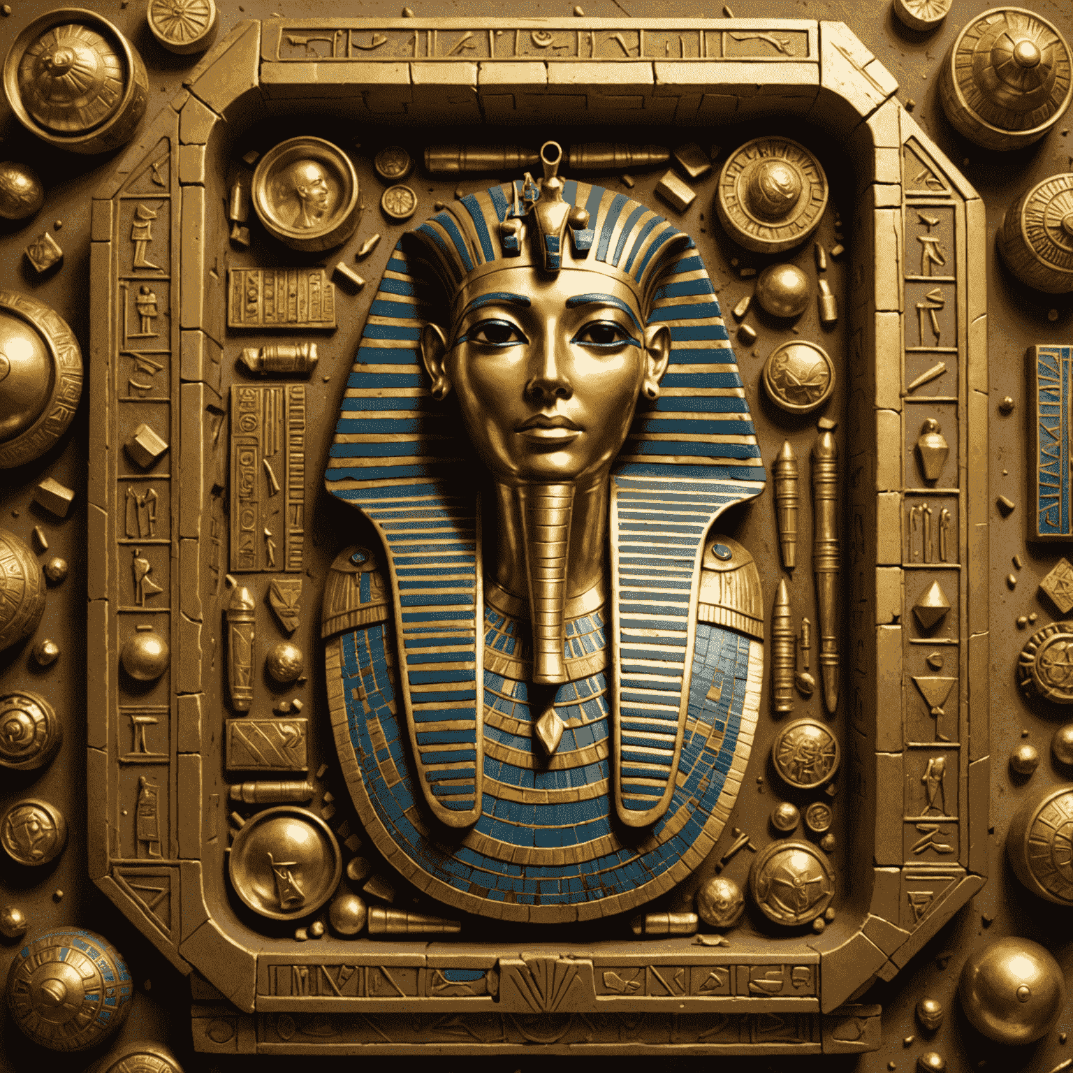 An ancient Egyptian sarcophagus surrounded by golden artifacts, representing the Mummy's Gold board game theme