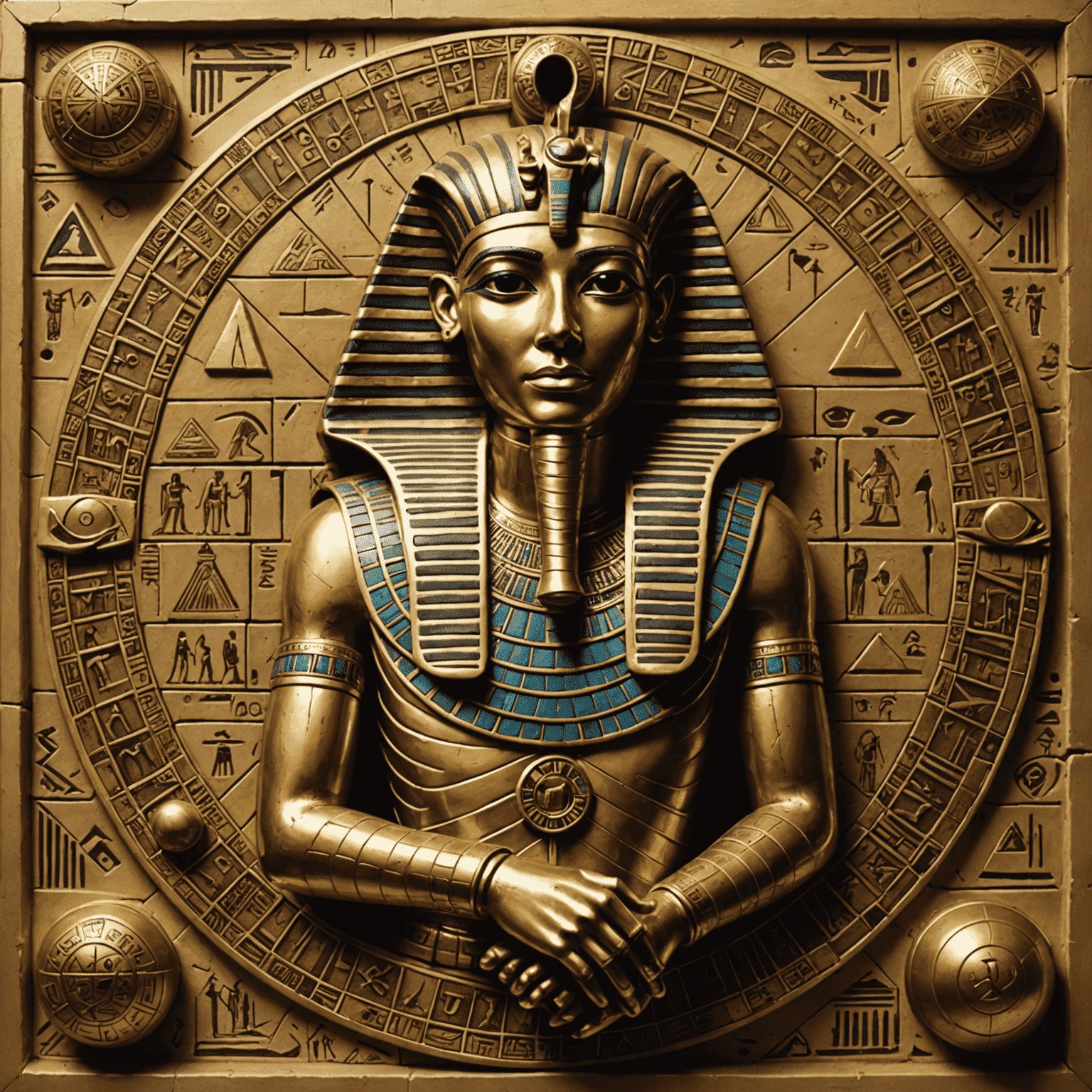 An intricately designed Mummy's Gold board game set against a backdrop of ancient Egyptian hieroglyphs and pyramids