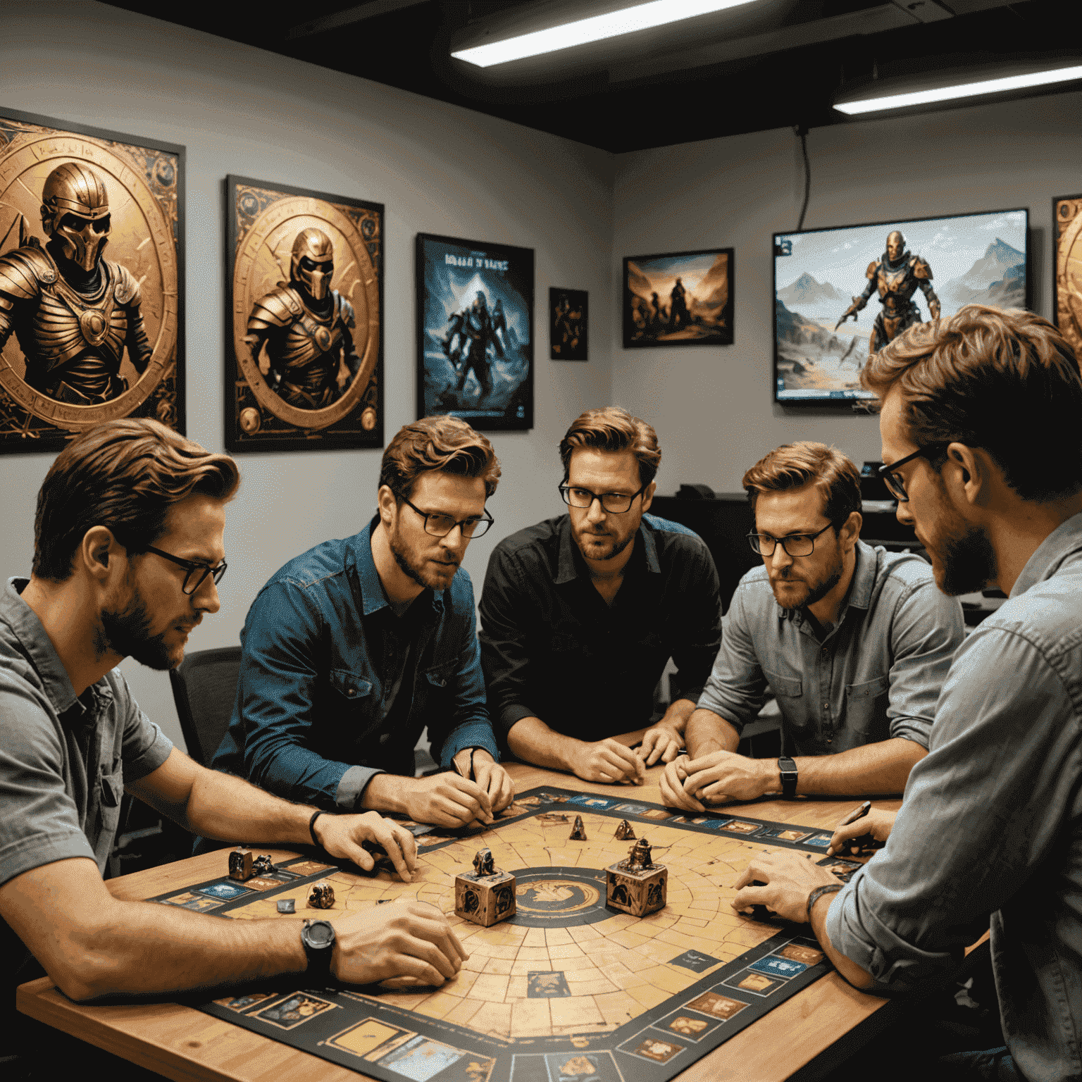 A team of game developers working on Mummy's Gold board game in a New Zealand office, with concept art and prototypes visible on the walls