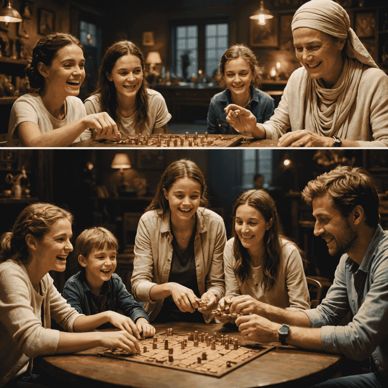 A split-screen image showing two groups of people playing Mummy's Gold. On the left, a family in Auckland, New Zealand, and on the right, friends in Amsterdam, Netherlands, both engaged in the game with excited expressions.