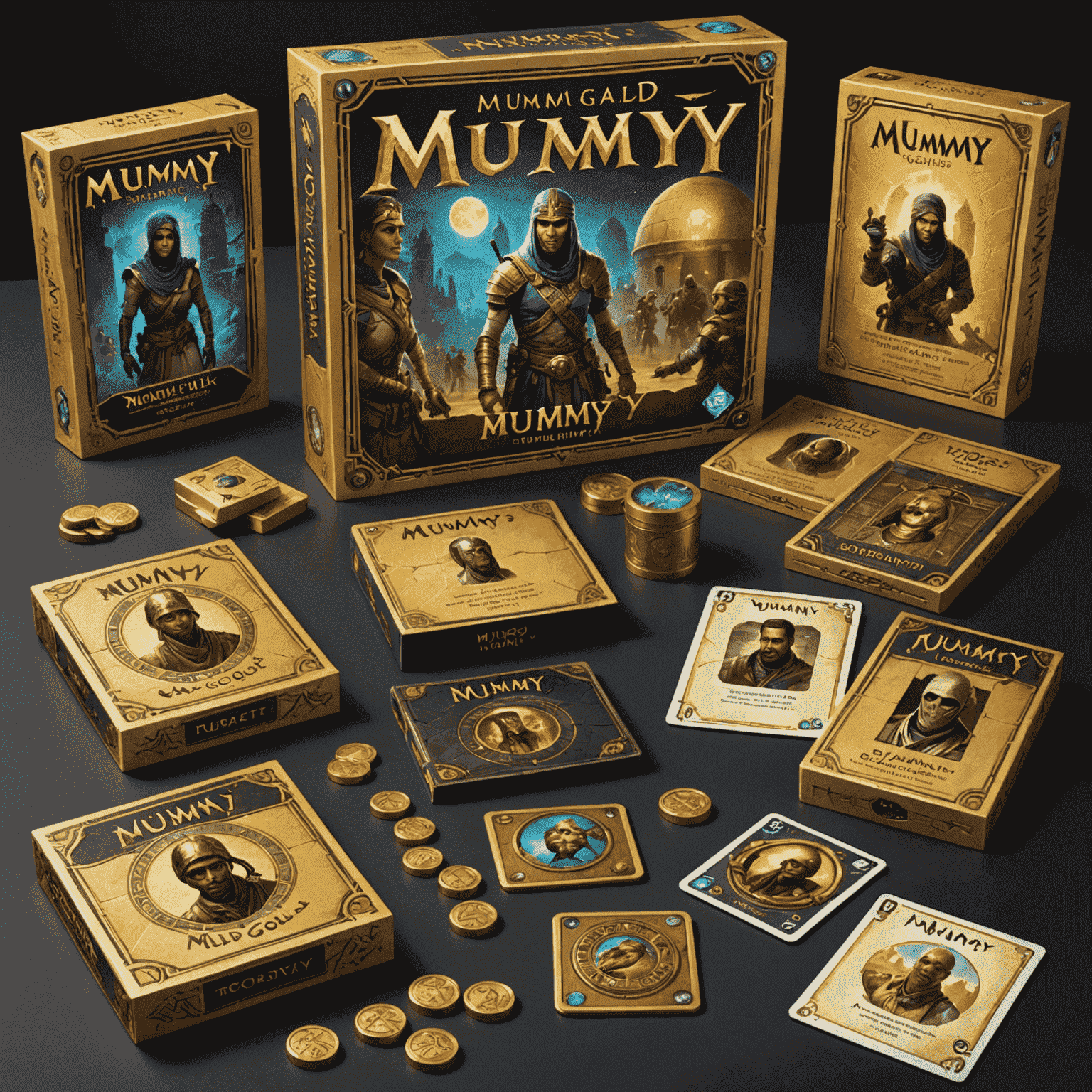 A collection of Mummy's Gold expansion packs displayed alongside the main game box, showcasing new characters, locations, and gameplay elements