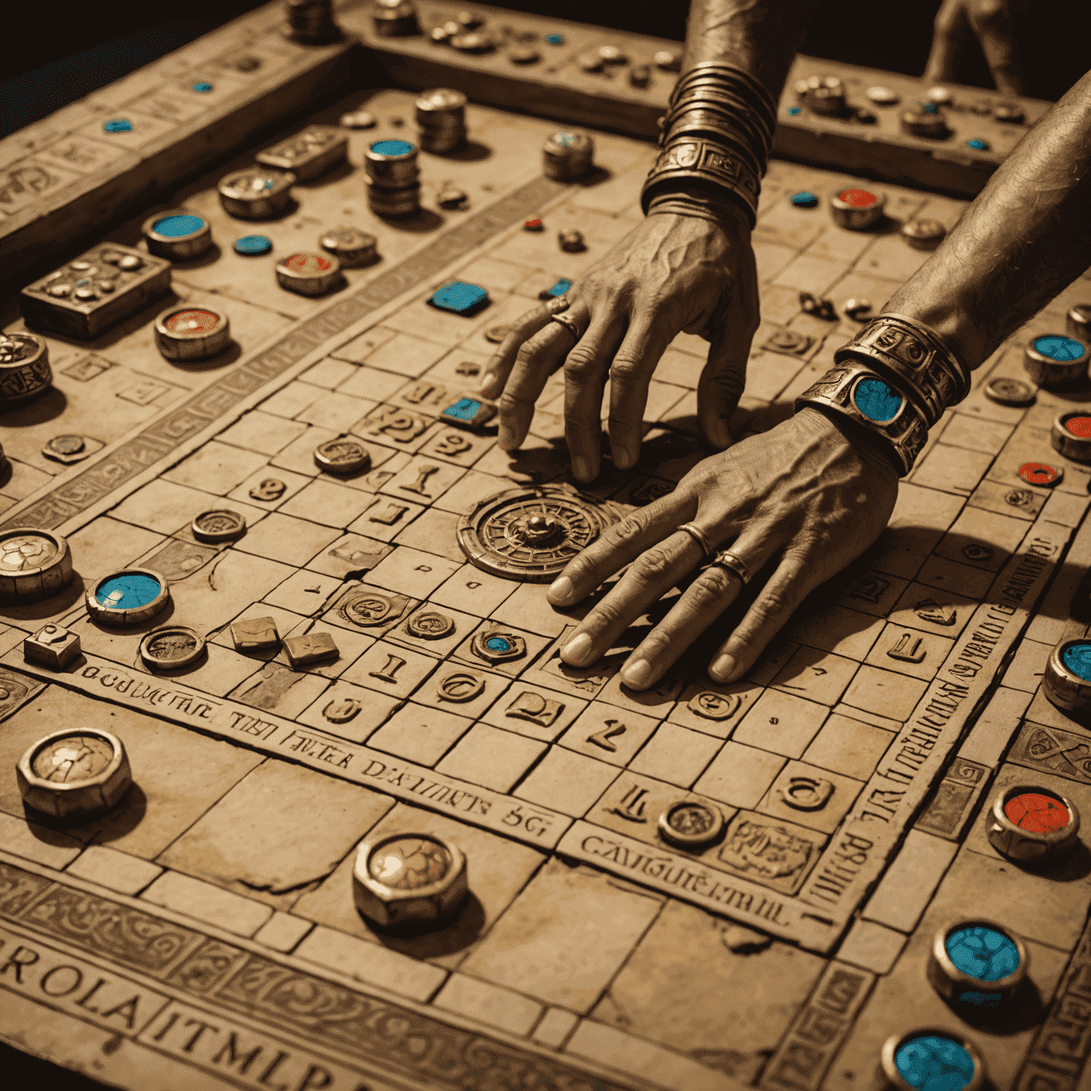 A game board setup of Mummy's Gold with players' hands visible, showcasing strategic placement of pieces