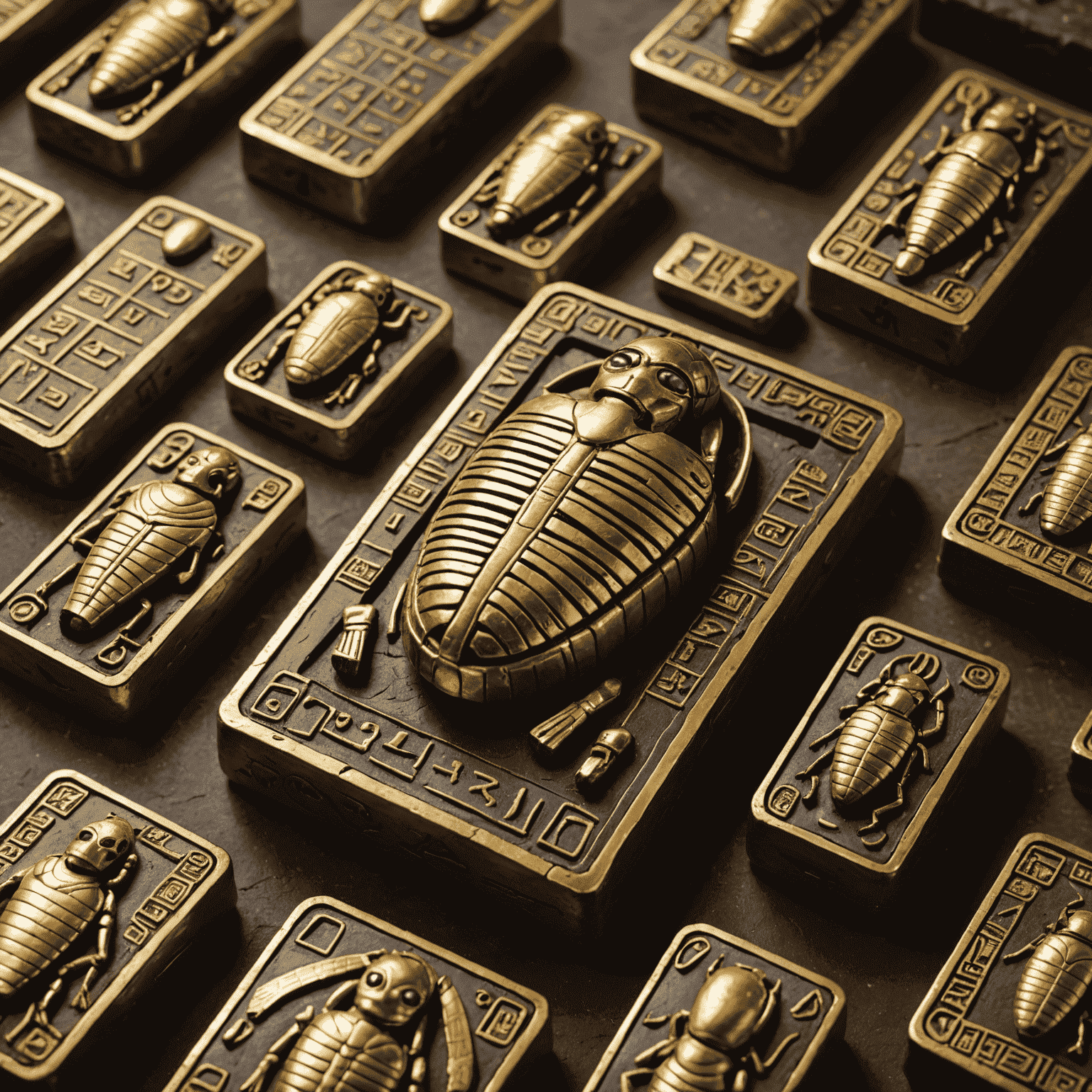 Close-up of Mummy's Gold game pieces, including golden scarabs, miniature sarcophagi, and hieroglyph-inscribed cards