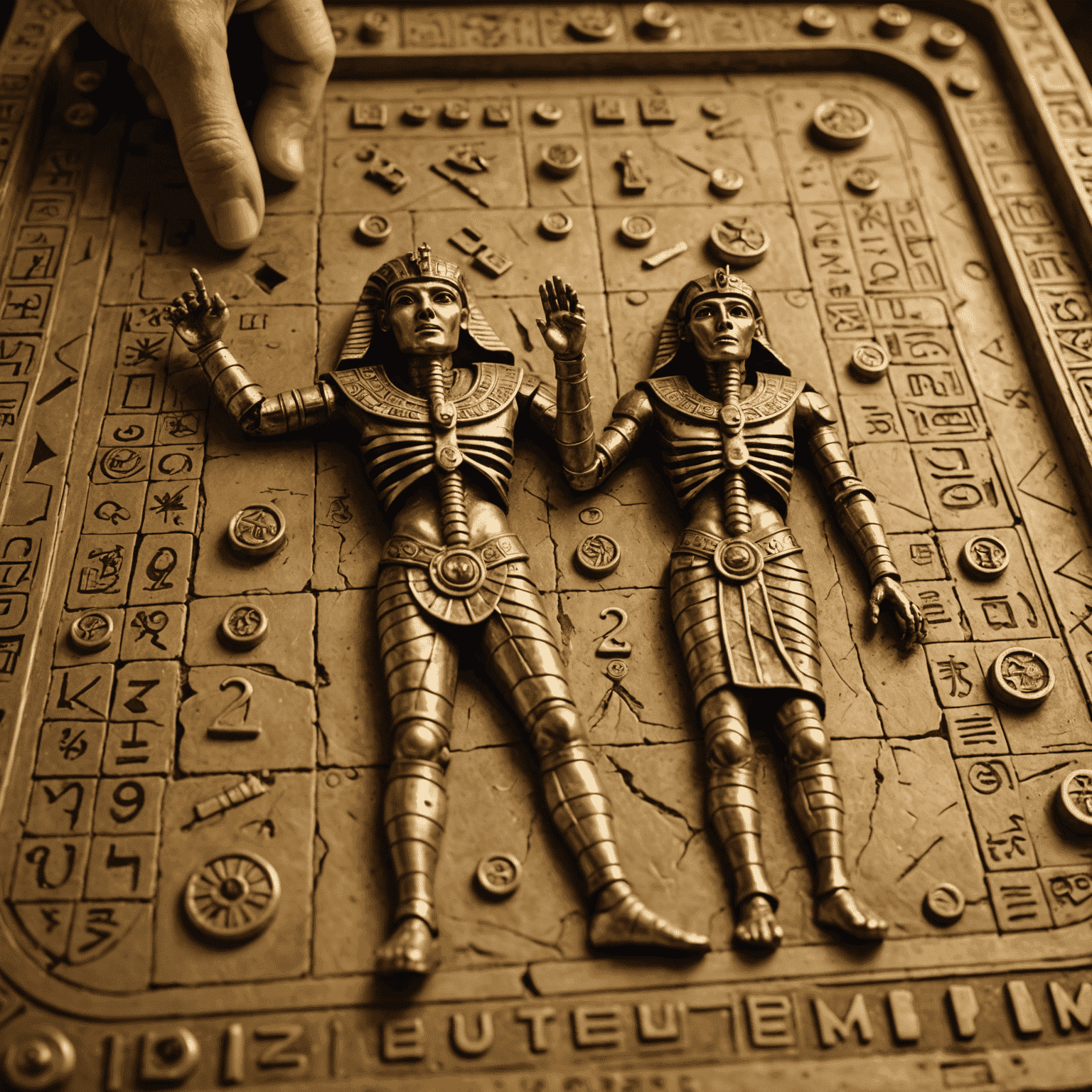 A close-up of a Mummy's Gold game board with an unusual arrangement of pieces, surrounded by excited players pointing at different areas of the board.