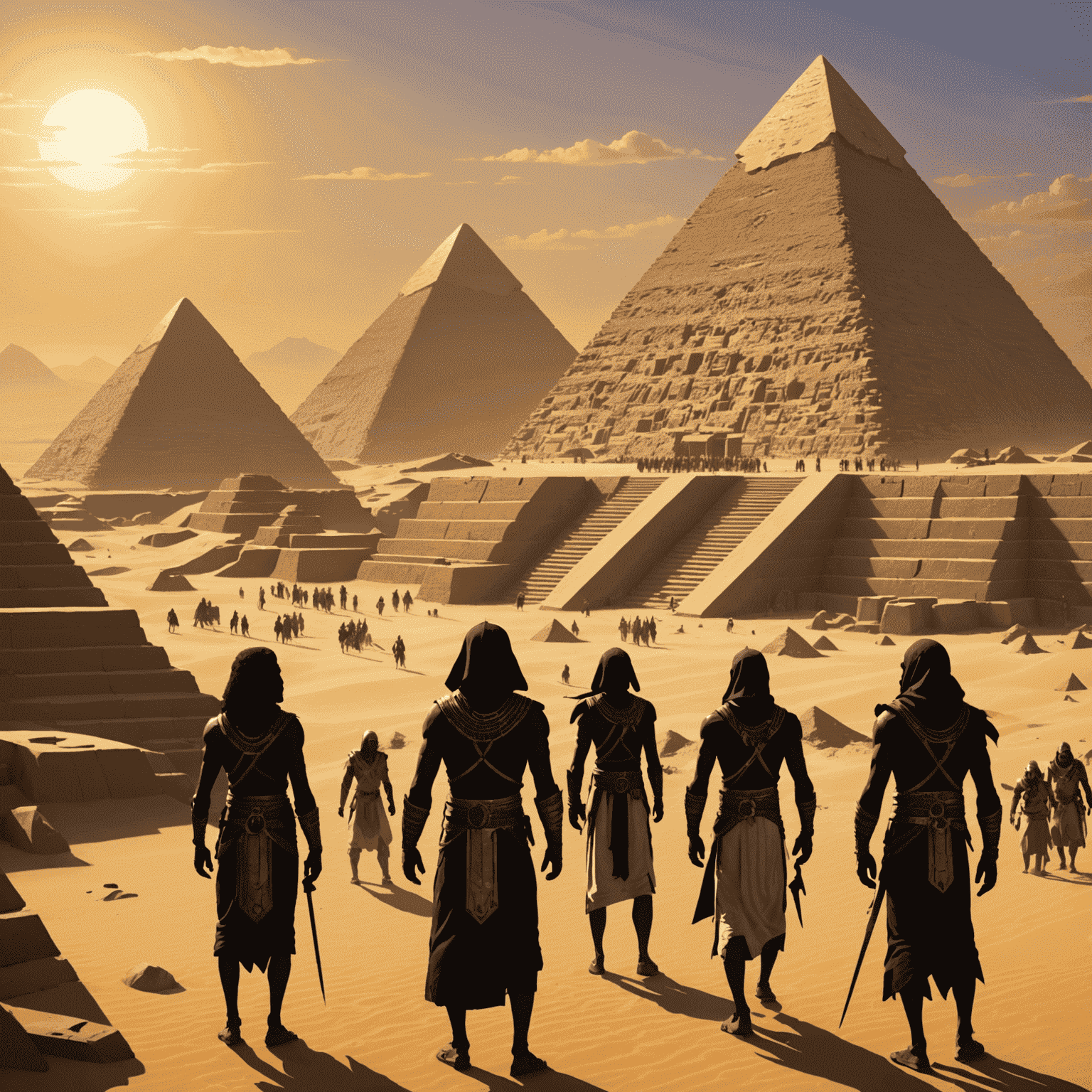 A teaser image showing silhouettes of new characters and locations from upcoming Mummy's Gold expansions, with the pyramids and sphinx in the background