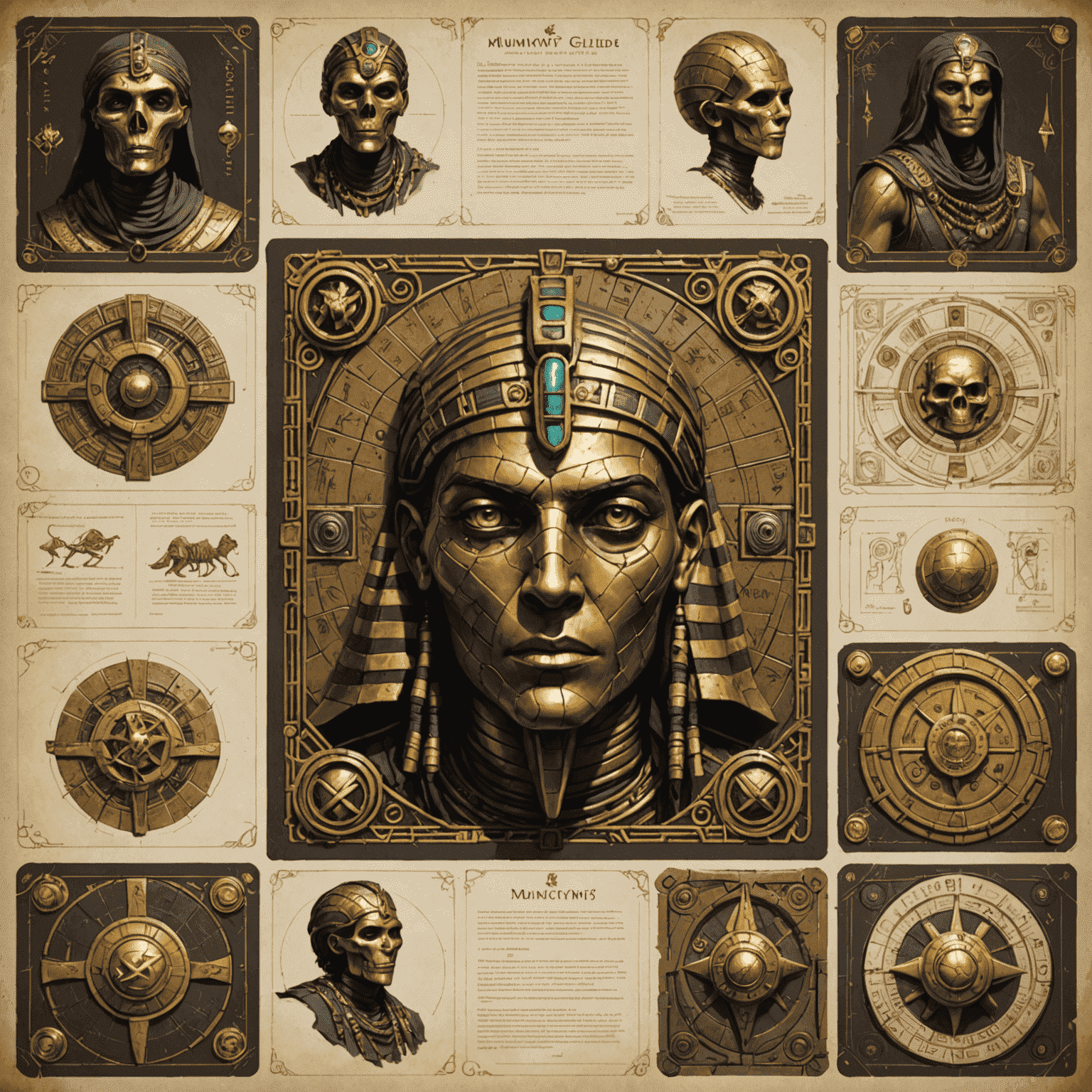 A collage of sketches, prototypes, and final components of the Mummy's Gold board game