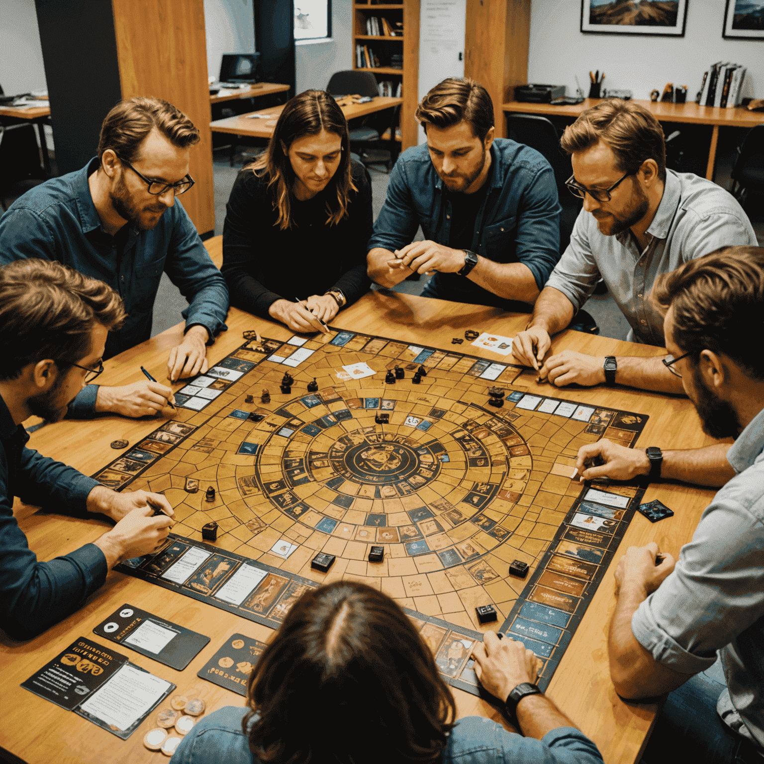 A diverse group of people playtesting Mummy's Gold board game in the New Zealand office, with developers taking notes