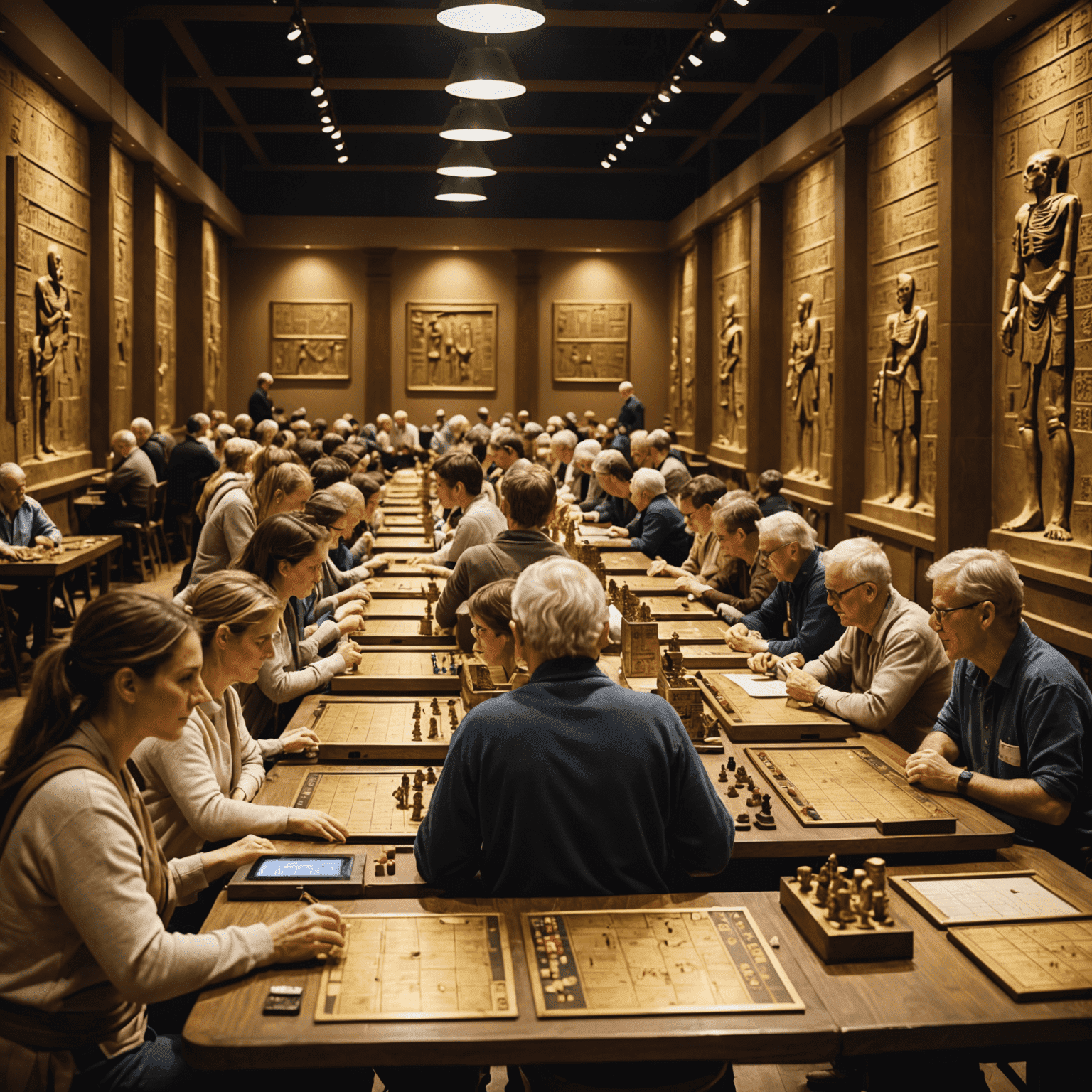 A large room filled with multiple tables, each hosting a Mummy's Gold game. Players of various ages are deeply focused on their games, with a scoreboard visible in the background.