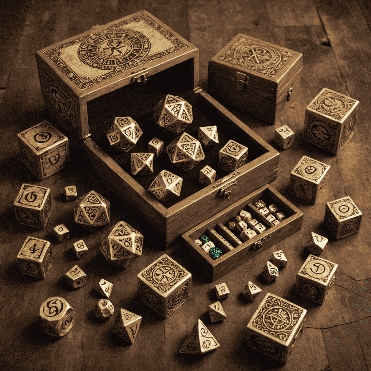 A collection of handmade Mummy's Gold accessories including custom dice, intricately painted player tokens, and a beautifully crafted wooden game box.