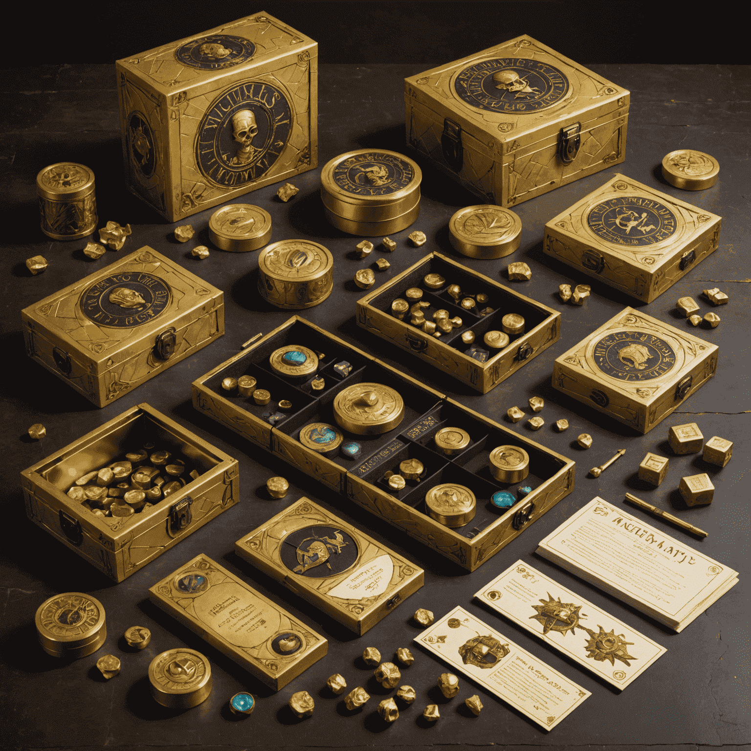 New Mummy's Gold expansion pack boxes and additional game components spread out
